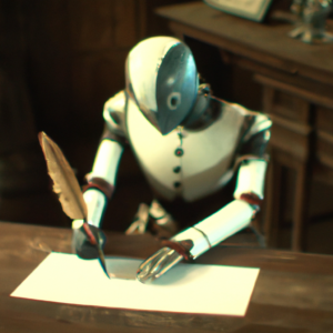 Ancient Ghost robot writes at a desk with a quill