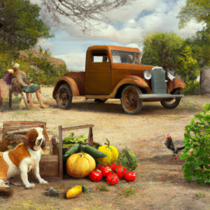 1934 Ford V8 Pickup at a vegetable garden and baskets of tomatoes, peppers, vegetables, with squash, pumpkins and melons lying around and two people, a dog and a cat under a tree.