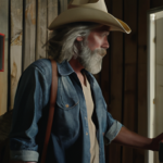 Mike, a 61-year-old writer with a beard, shoulder-length hair, wearing a crumpled straw cowboy hat, work shirt, jeans, cowboy boots.