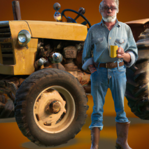 Meet Mike, a short, skinny, 61-year-old rancher with a beard and shoulder-length hair, wearing glasses, a crumpled straw cowboy hat, work shirt, jeans, cowboy boots, and holding a large coffee mug. He\'s standing next to a Ford 9N farm tractor.
