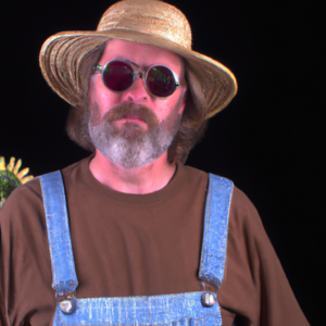 Tom Greenthumb, a bearded 47-year-old farmer, wearing glasses, overalls and a straw gambler hat.