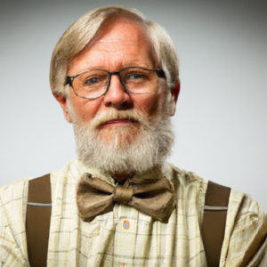 Mike, a 61-year-old writer. He's got a neat gray beard, long gray hair and he's wearing wire glasses, an office shirt with bow tie and the sleeve cuffs rolled up on his forearms.